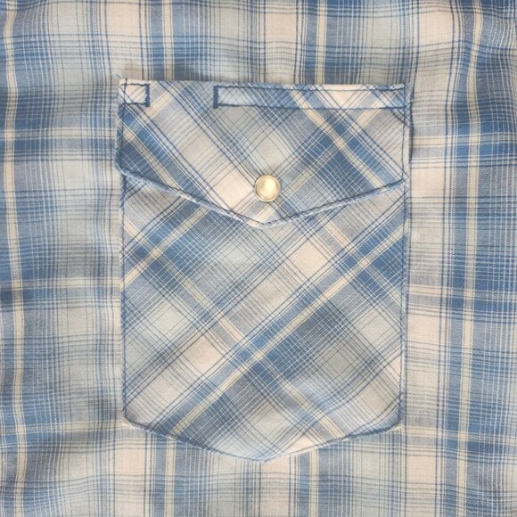 Large Wrangler Mens Western Blue Plaid Short Sleeve Shirt Pearl Snap Buttons - Picture 9 of 12